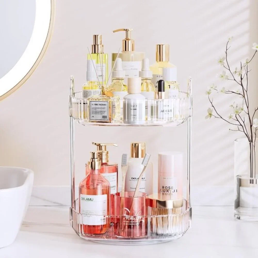 New Rotating 2-Tier Bathroom Organizer, Clear Large Capacity Vanity Storage Rack
